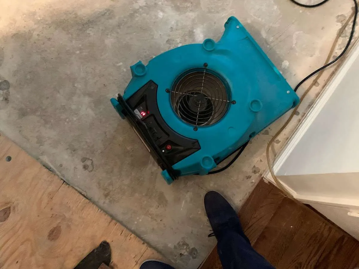 Air mover drying subfloor during Commercial Water Damage Restoration in Kalispell